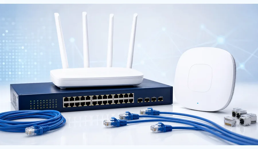 Infraestrutura de redes com roteador, switch e cabos de rede
